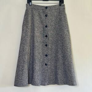 Wool Tweed Button Front Midi Skirt Size 12 Petite 90s Vintage Classic Academic
